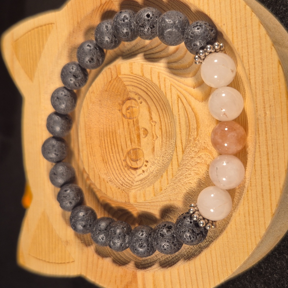 Sunstone and moonstone lava bead bracelet